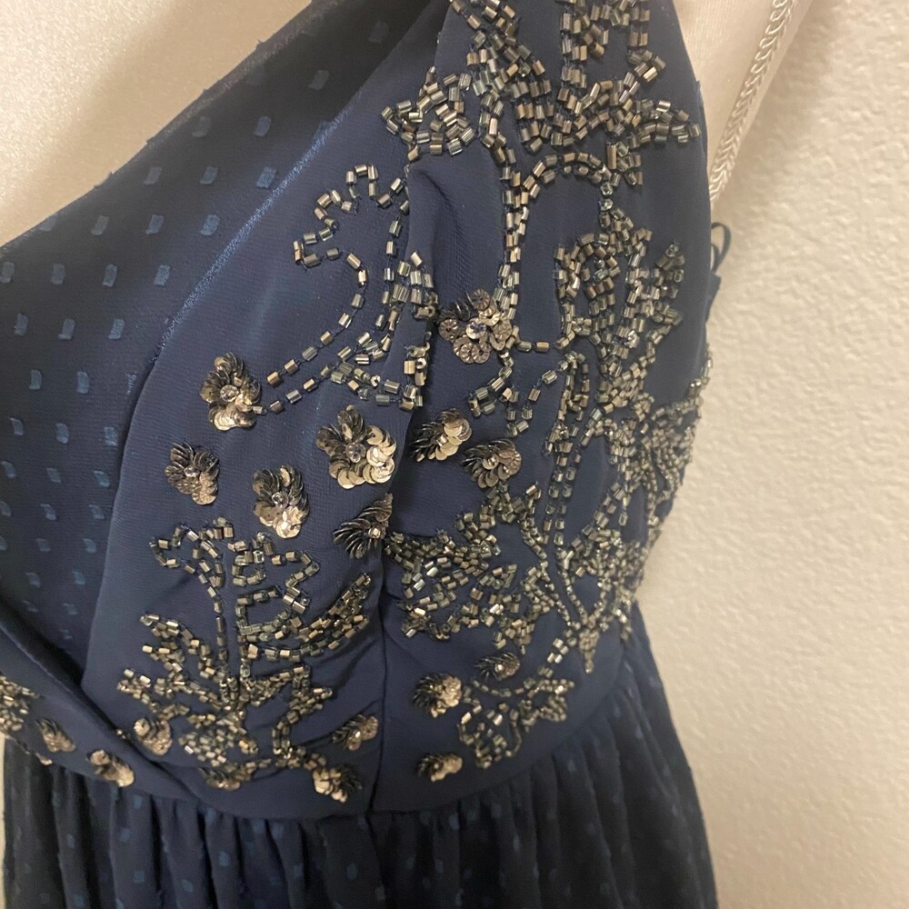 RANNA GILL Lucinda Navy Blue Beaded Bodice Lined Spaghetti Strap Maxi Dress Sz 4 - Picture 6 of 9
